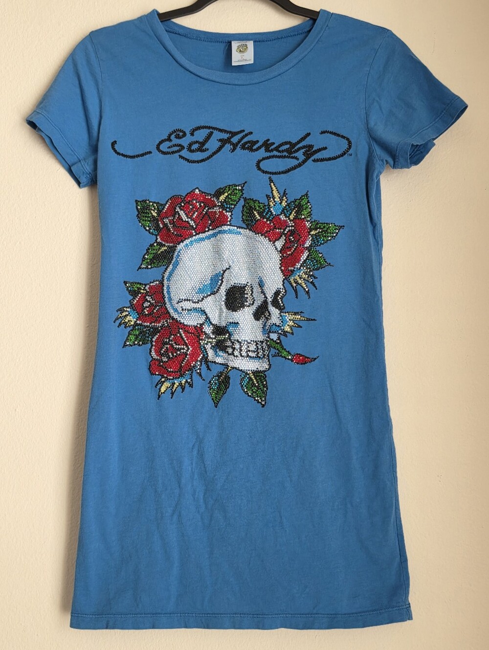 Y2K Ed Hardy Blue Rhinestone Skull Rose Top Size L Vintage